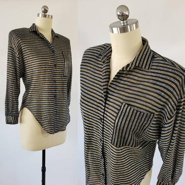 1980's Lamé Striped Shirt by Soho 80s Blouse 80s Women's Vintage Size Medium 