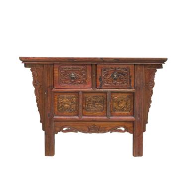 Chinese Vintage 2 Drawers Carving Brown Side Table Cabinet cs6921E 