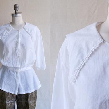 Antique Edwardian White Cotton Blouse/1910s 1920s Peplum Waist Blouse with Pointed Collar/ Size Medium 