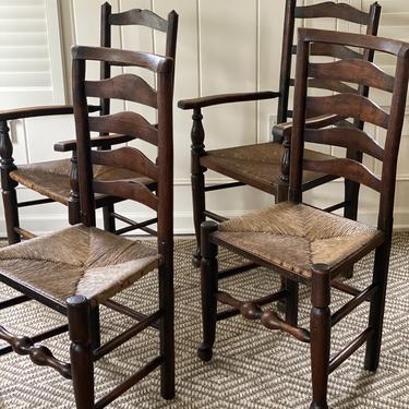 Antique English Ladder Back Chairs with Rush Seats, Set of 4
