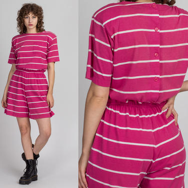 80s Pink &amp; White Striped Romper - Medium | Vintage Fitted Waist Retro Short Sleeve Playsuit 