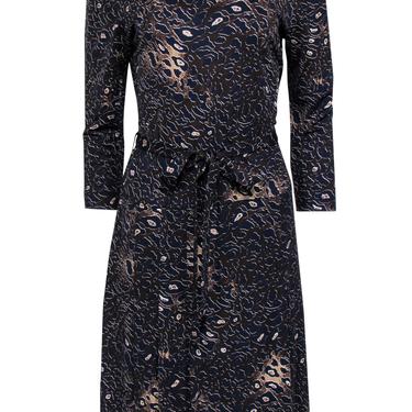 Tory Burch - Brown & Navy Leopard Print Belted Drop Waist Dress Sz L