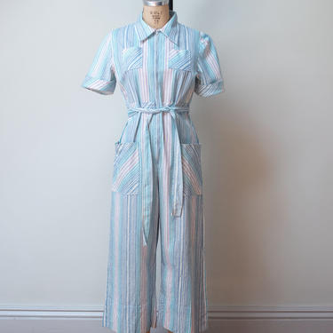 1970s Striped Jumpsuit / 70s Cotton Short Sleeve Jumpsuit 