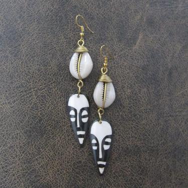 African mask earrings, bone and brass dangle earrings, horn earrings, Afrocentric ethnic earrings, unique primitive earrings, cowrie shell 