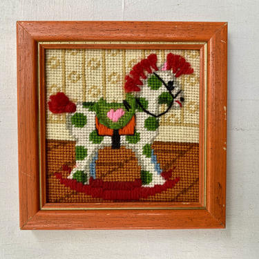 Vintage Needlepoint Rocking Horse Framed Picture, Polka Dot Horse With Pink Heart, Juvenile, Nursery Art, Hand Stitched 