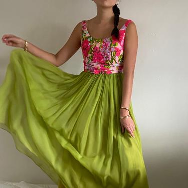 60s empire sleeveless maxi dress / vintage chartreuse floral print babydoll silk chiffon cocktail maxi dress | S size 4 