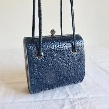 Vintage 1990's Andrea Pfister Navy Blue Karung Snakeskin Shoulder Bag Purse Beading Neiman Marcus 
