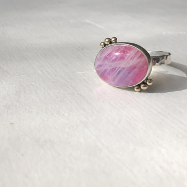 Pink Rainbow Moonstone Ring with Gold Pebbles in Sterling Silver Handmade cocktail ring 