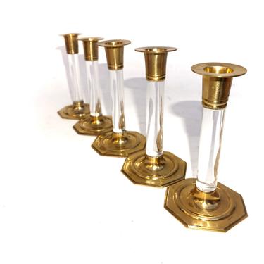 Vintage Modern Lucite &amp; Brass Candlestick Holders || Set of 5 Stunning Hollywood Regency Table Decor 