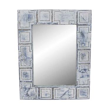 Handcrafted White Blue Squares Antique Tin Mirror