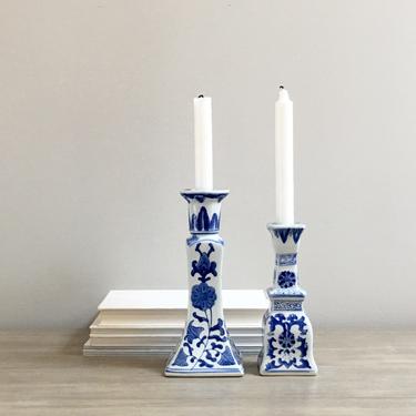 Blue White Candle Holders Candlesticks Pair Chinoiserie Blue Canton Mantle Decor Tableware 
