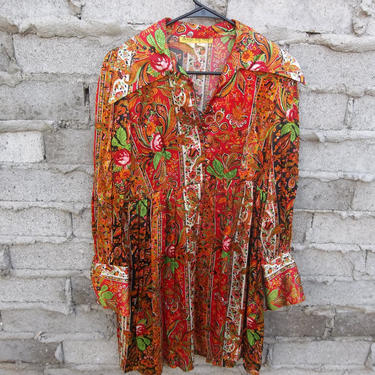Vintage Blouse Tunic 1970s Brady Bunch Hippie Ethnic Gypsy Folk Unique Exotic Versace Style Middle Eastern Boho Satin 70s Show 