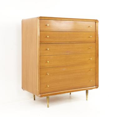 Paul McCobb Style Mid Century Walnut and Brass 6 Drawer Highboy Dresser - mcm 