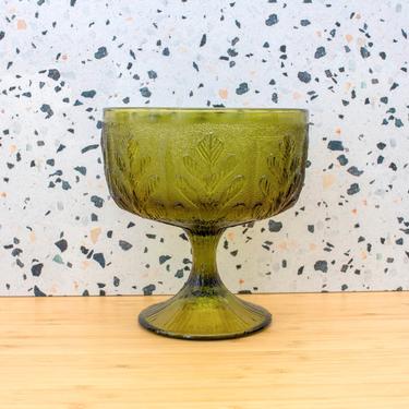 Vintage 1970s FTD Glass Pedestal Bowl - Oak Leaf Avocado Green Glass Boho Dish 