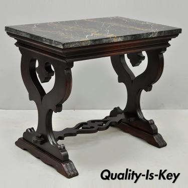 Early 20th C Carved Walnut Marble Top Renaissance Small Side Table Bloomingdales