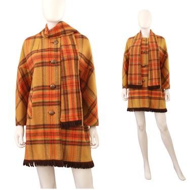 1960s Mustard Yellow & Orange Plaid Wool Coat - 1960s Winter Coat - 1960s Plaid Coat - 1960s Womens Coat - Vintage Yellow Coat | Size Small 