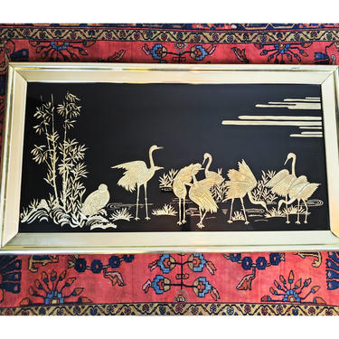Vintage Eglomise Artwork by Sebet Silverman | Black &amp; Gold Etching Heron/Crane, Brass Picture Frame | MCM Hollywood Regency Glam Art Deco 