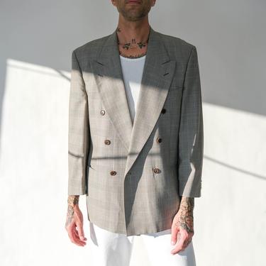 Vintage 80s VALENTINO UOMO Black & White Tartan Plaid Double Breasted Blazer | Made in Italy | Wool Gabardine | 1980s Designer Mens Jacket 