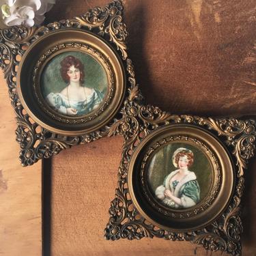 Cameo Creations square floral framed ladies - a pair - 1960s gold rococo accent art 
