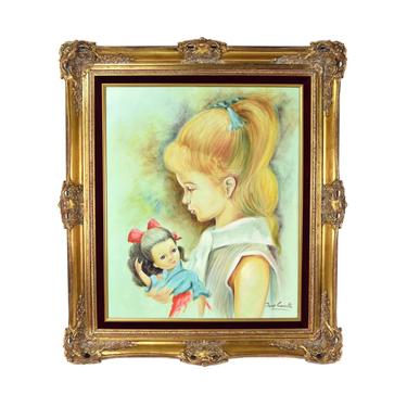 Dario Casselli Vintage Oil Painting Portrait Profile of Young Blonde Girl with Toy Doll 