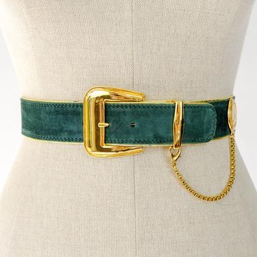 Vintage 80s ESCADA Hunter Green Suede & Gold Leather Adjustable Belt w/ Pocket Watch Chain | Made in West Germany | 1980s Designer Belt 