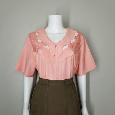 Vintage Pink Pintuck Blouse, Extra Large / 50s Style Pinup Button Blouse / Fluttery Scalloped Neckline Blouse / Summer Secretary Blouse 