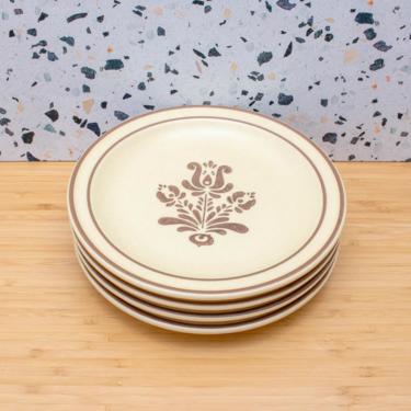 Vintage 1970s Stoneware Bread Plates Pfaltzgraff Village Pattern Cream & Brown Floral Small Bowls - Made in USA - Set/4 