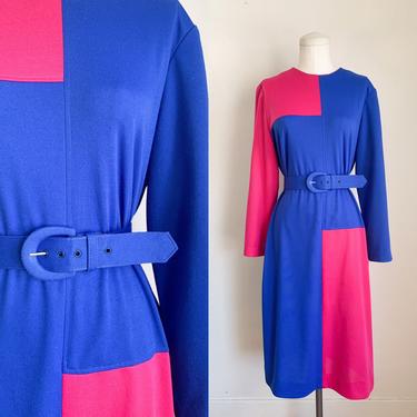 Vintage 1980s Blue + Pink Color Block Day Dress / L 