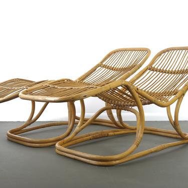 Set of Two Rattan Chaise Lounge Chairs 