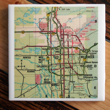 1984 Salt Lake City Utah Handmade Vintage Map Coaster - Ceramic Tile Coaster - Repurposed 1980s Rand McNally Atlas - One of a Kind 
