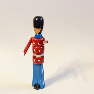 Wooden Danish Royal Guard Toy Soldier 13in Red Blue Paint Stacked Articulated Arm Vintage Mid Century Mod MCM Made In Denmark Bojesen Era VG 