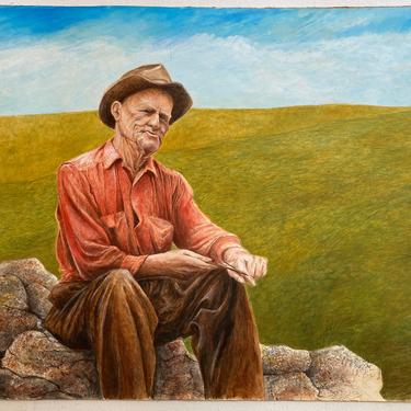 Original Painting Old Man Whittling Wood, Whittler, Elderly Man Sitting On Rock In Field, Signed. By Artist 