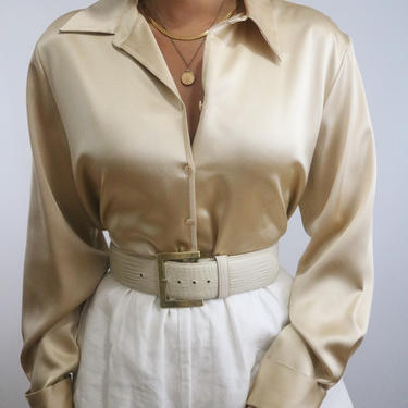 Vintage Gold Silk Blouse - Charmeuse Liquid Silk Button Up Blouse - 
