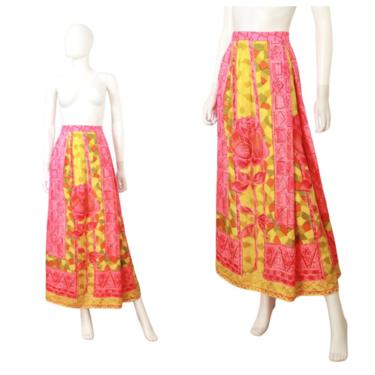 1960s Tiki Rose Print Maxi Skirt - 1960s Pink Rose Print Skirt - 60s Tiki Skirt - 60s Silk Maxi Skirt - Vintage Hawaiian Skirt | Size Small 
