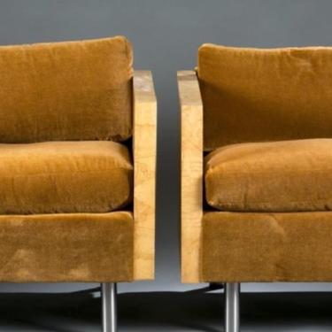Milo Baughman Thayer Coggin Pair Burlwood Mohair Lounge Chairs Labeled