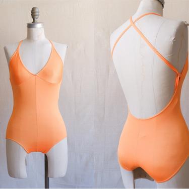 Vintage 70s Creamsicle Backless Swimsuit/ 1970s Orange Bathing Suit/ Bodysuit/ Size Small 