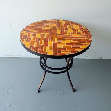 Vintage Mod Round Tile and Wrought Iron Side Table 
