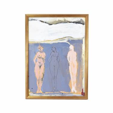 Vintage Mid-Century Modern Abstract Mixed Media Painting 3 Nudes Three Graces 