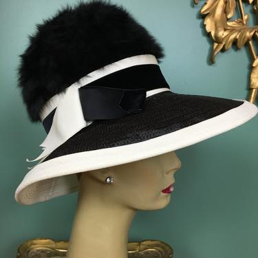 1960s mod hat, mr. r, vintage 60s hat, black and white, mohair hat, statement hat, wide brim hat, statement hat, Audrey Hepburn, fuzzy 