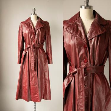 1970s Leather Jacket Oxblood Long Trench Coat S 