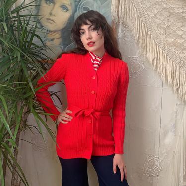 70's BRIGHT RED CARDIGAN - buttons -belted - wool - small 