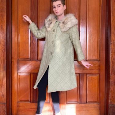 60s green plaid wool swing coat with fur collar 