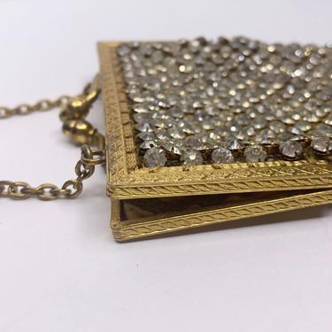 Vintage rhinestone and gold deco purse rare with chain strap, 1940's 