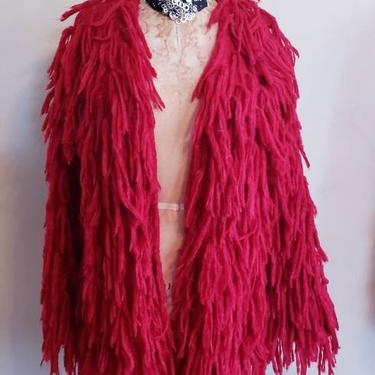Vintage Red Shaggy Knit Jacket Evolution by Kimbali / Textured Maximalist Avant Garde Sweater Coat Jacket / M 