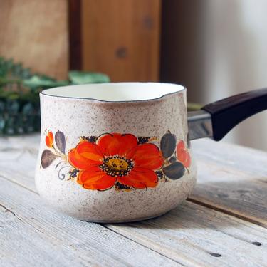 Vintage enamelware saucepan / painted Show Pans Sanko Ware small pot / orange floral and mocha brown saucepan / retro kitchenware 