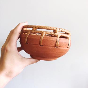 Vintage Terracotta Bowl with Rattan Detail 