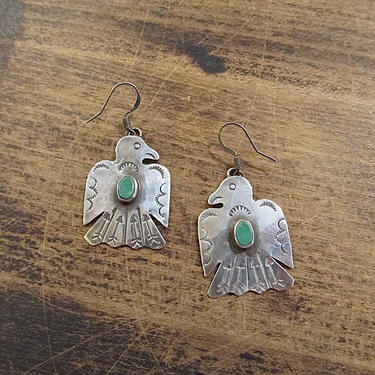 FRED HARVEY Era Style Thunderbird Earrings, Vintage Navajo Native American Inspired Silver &amp; Turquoise Bird Drops, Southwestern Boho Jewelry 