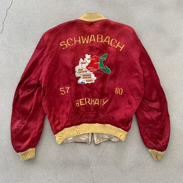 Vintage 1960s Red Satin Germany Tour Jacket (CHUCK) | Eagle Reversible | 4th Armored Division Tank 