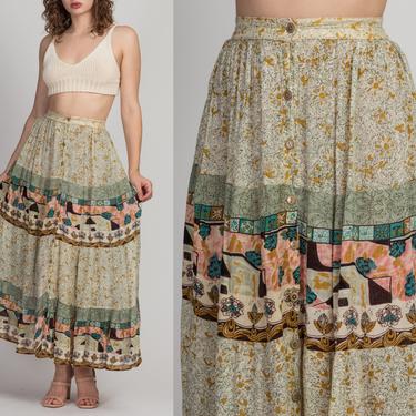 90s Boho Floral Button Up Skirt - Small | Vintage High Waist Ankle Length A Line Hippie Skirt 