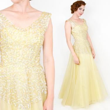 1950s Yellow Formal Dress | Yellow Sequin and Tulle Evening Dress | Small 